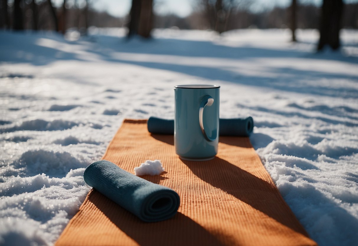 A person's yoga mat laid out on a snowy ground, with hand warmers placed strategically around the mat. The surrounding area is a winter wonderland with snow-covered trees and a clear blue sky