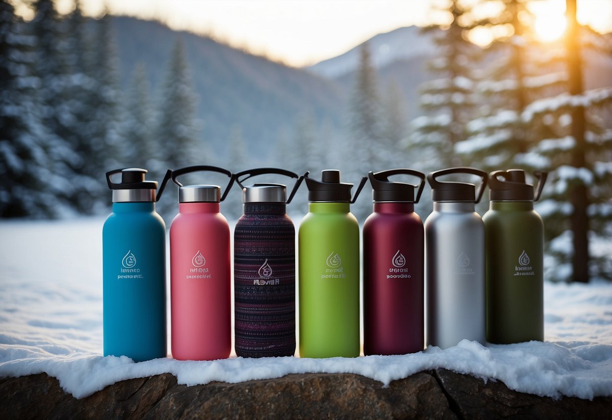 A group of insulated water bottles sit next to yoga mats in a snowy outdoor setting. The bottles are surrounded by warm blankets and cozy layers, creating a sense of comfort and preparedness for the cold weather