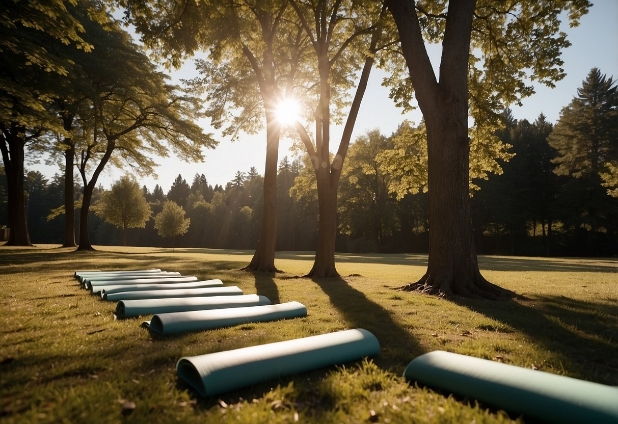 A group of yoga mats laid out in a sunny clearing, surrounded by trees. The sun shines down, casting long shadows as participants practice outdoor yoga