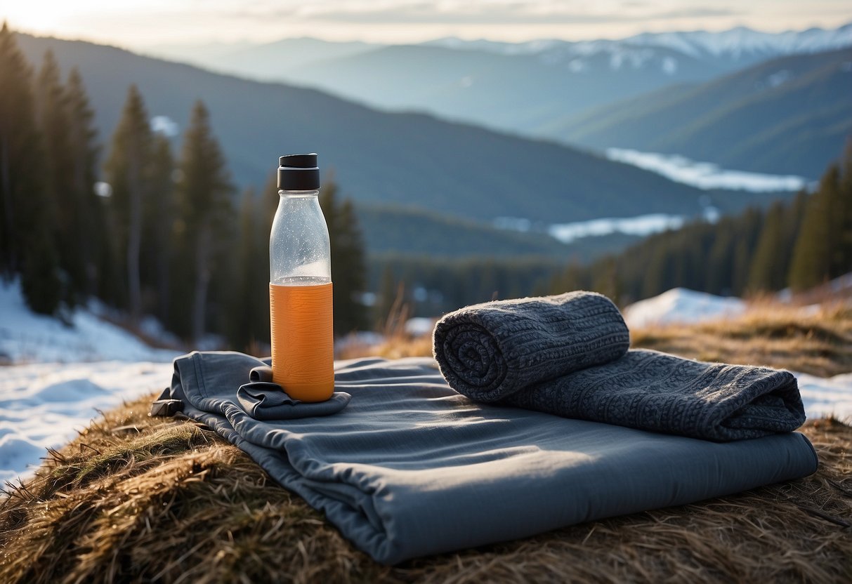 A person's yoga mat, water bottle, warm leggings, cozy sweater, beanie, gloves, and a thick blanket laid out on a snowy mountain clearing