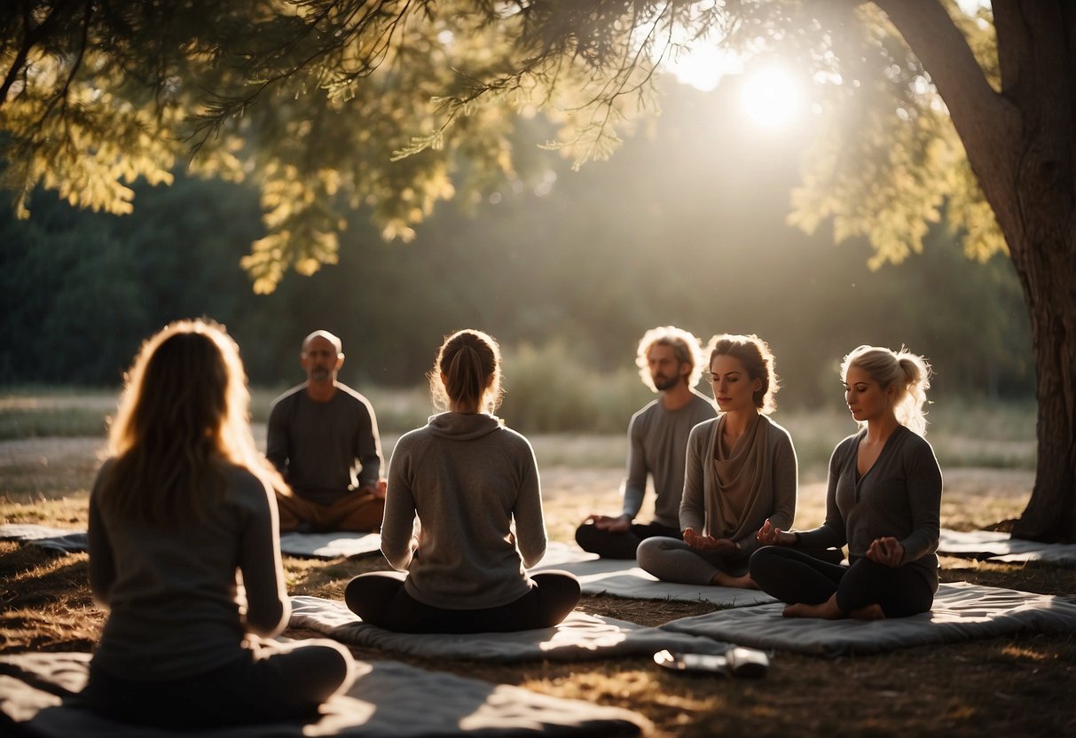 Yogis gather in a serene outdoor setting, wrapped in cozy layers and sipping warm beverages. Sunlight filters through the trees as they stretch and meditate, following 7 tips for staying warm during their practice