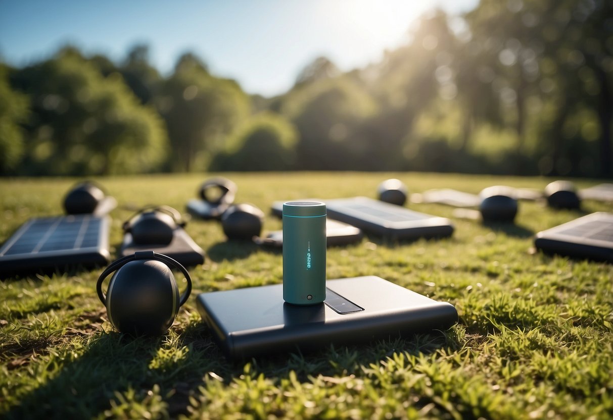 Bright sun illuminates a serene outdoor yoga session, with solar chargers neatly arranged nearby. Lush greenery and clear blue skies provide a tranquil backdrop