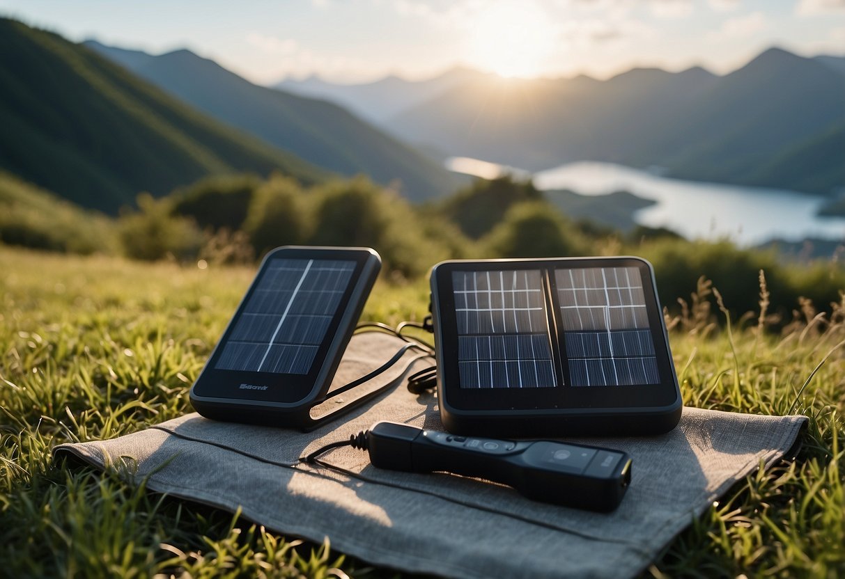 Three solar chargers arranged on a grassy outdoor yoga mat, with a backdrop of a serene natural landscape. The chargers are labeled "BigBlue 3 USB Ports 28W" and "5 Best Solar Chargers for Outdoor Yoga Trips."