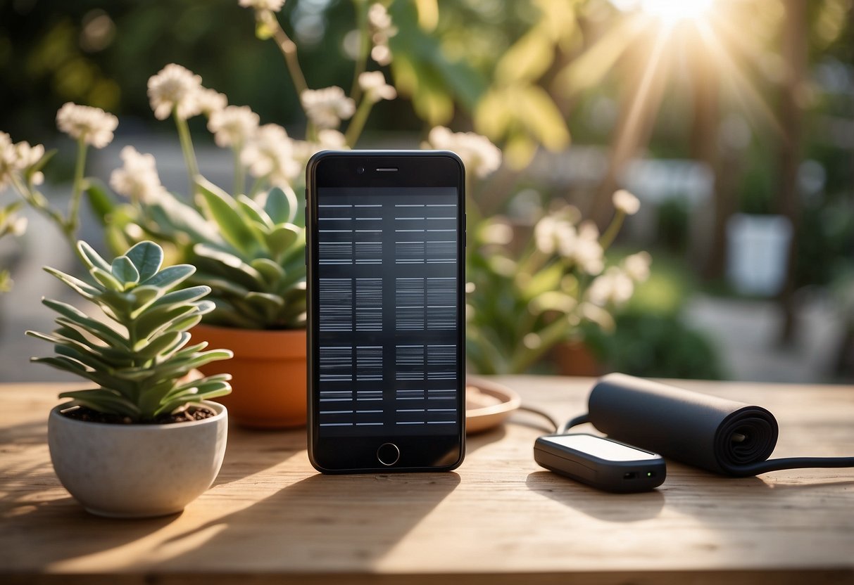 A bright, sunny day in a lush outdoor setting with a yoga mat and the Anker PowerPort Solar Lite 5 charging a phone or other device