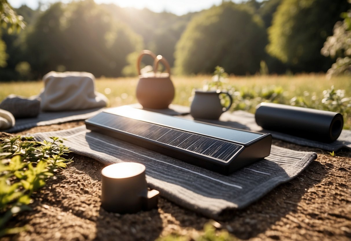 A sunny outdoor yoga scene with Nekteck 21W Solar Charger in use, surrounded by nature and yoga mats