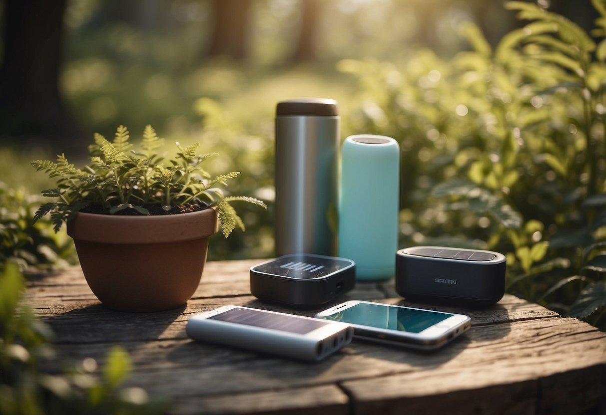 A serene outdoor yoga session with solar chargers powering electronic devices, surrounded by nature