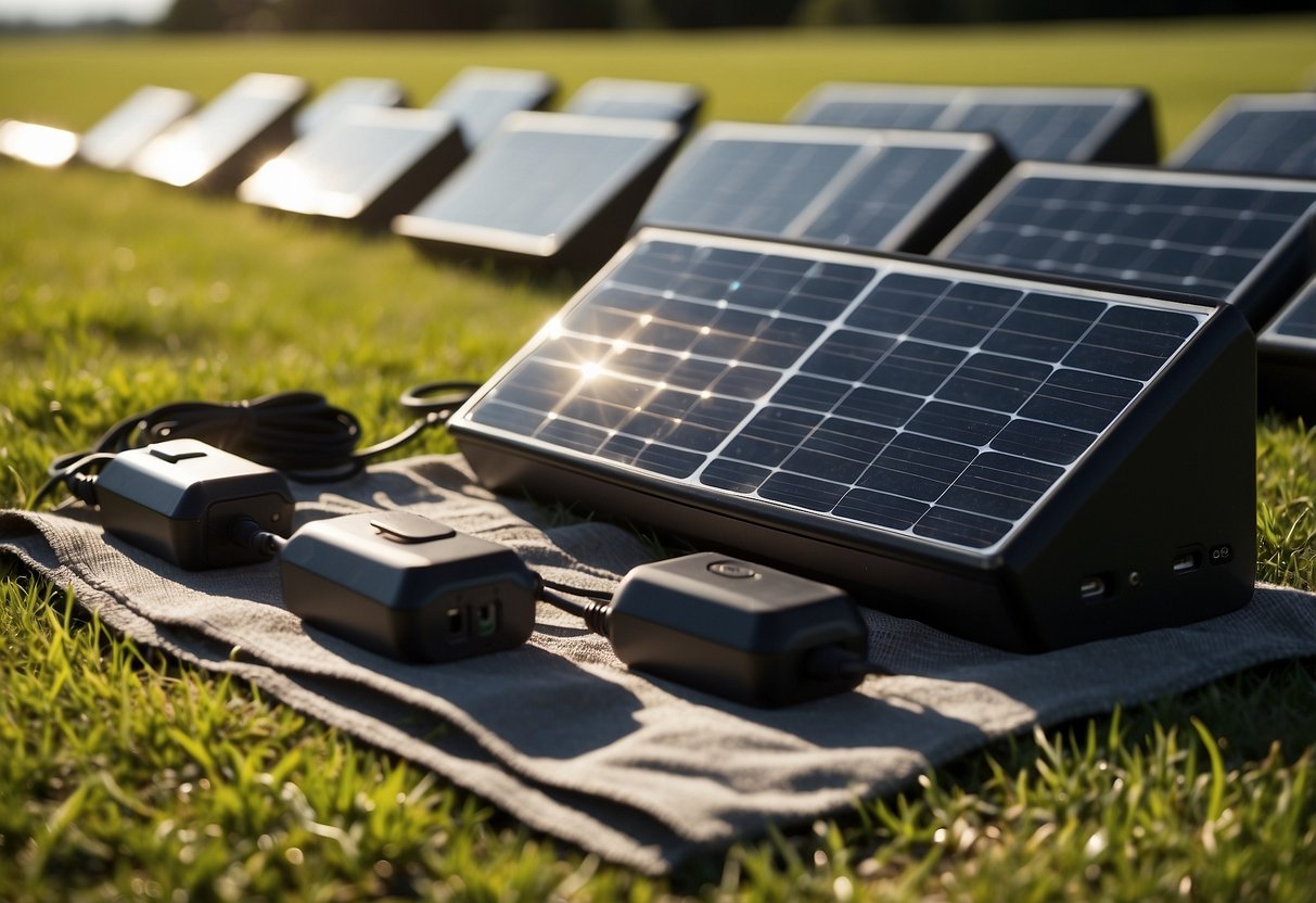 A group of solar chargers arranged neatly on a grassy field, surrounded by yoga mats and water bottles. The sun shines brightly overhead, casting a warm glow on the scene