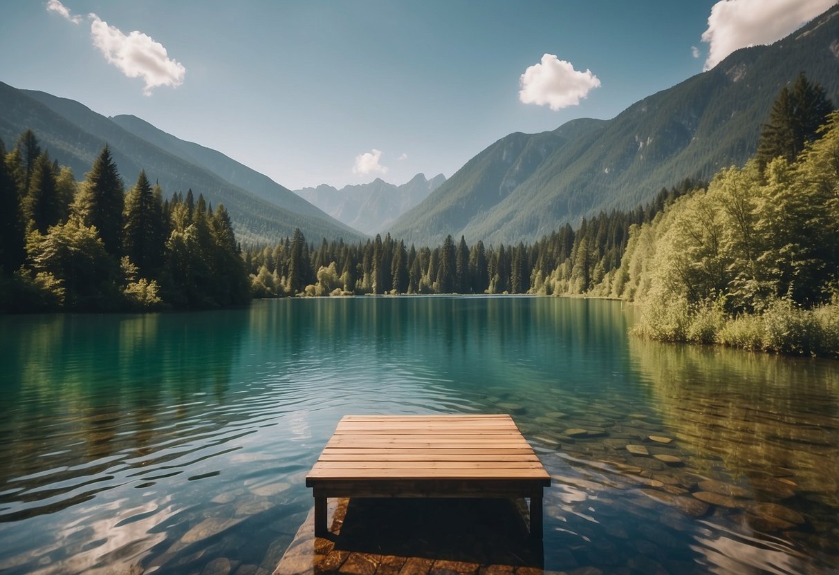 A serene lake surrounded by lush green mountains, with a wooden yoga platform nestled among the trees, offering a breathtaking view of the natural landscape