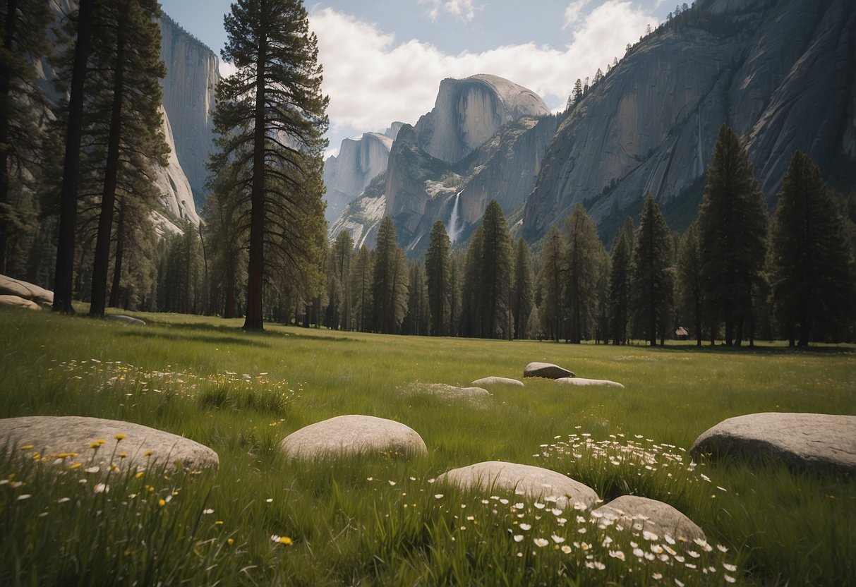 A serene meadow in Yosemite National Park, surrounded by towering granite cliffs and lush greenery, provides the perfect outdoor yoga spot