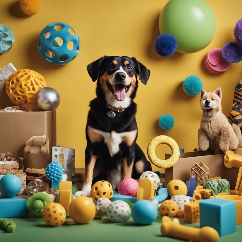 A happy dog with a wagging tail, surrounded by unique toys, treats, and accessories that reflect the brand's identity