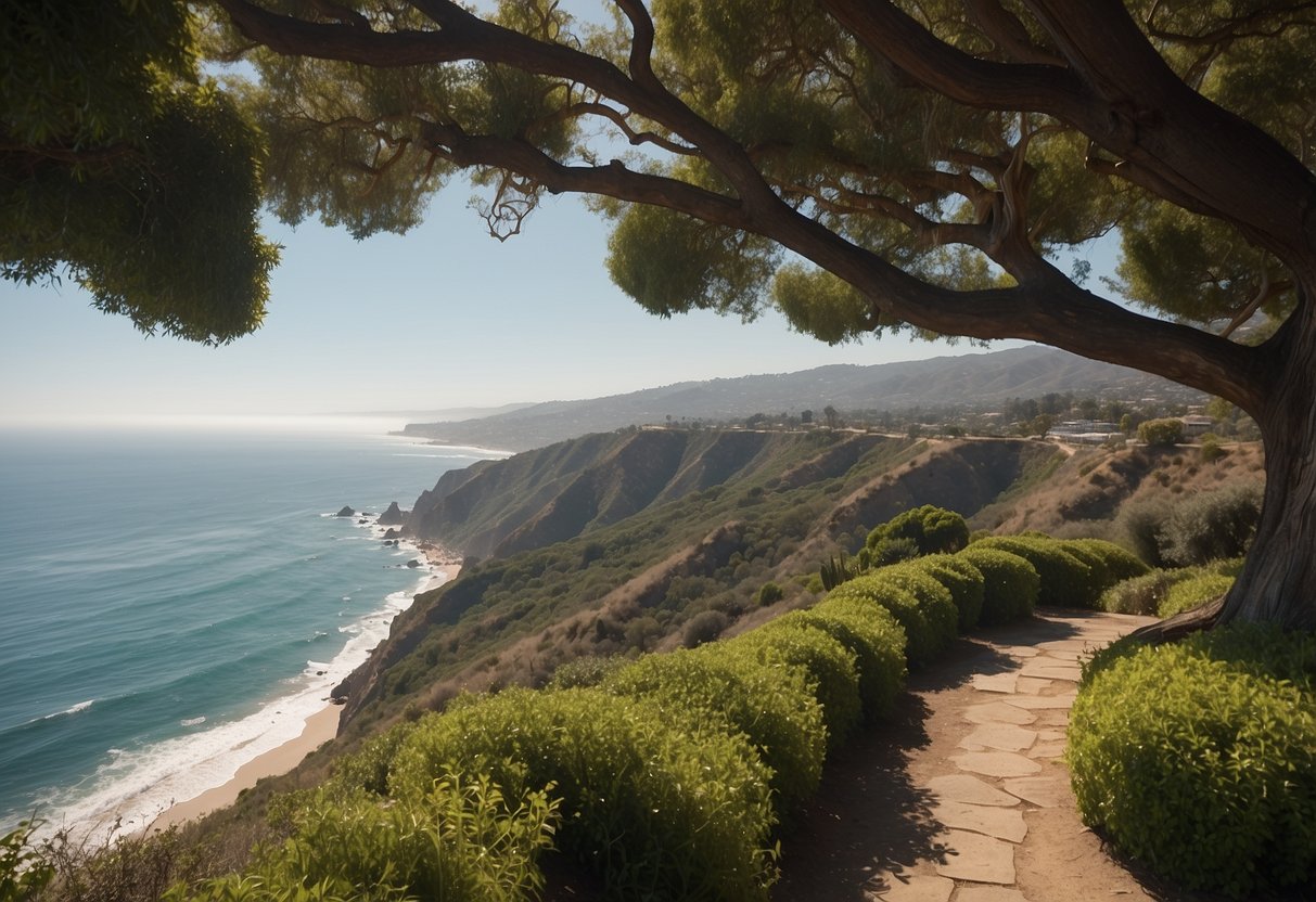 A picturesque cliff overlooking the Pacific Ocean, with lush greenery and a serene atmosphere, perfect for outdoor yoga in Pacific Palisades, California