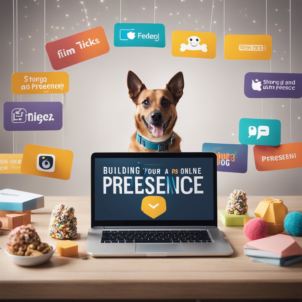 A smiling dog with a laptop and social media icons, surrounded by toys and treats, with a banner reading "Building a Strong Online Presence Creating a Unique Brand for Your Dog: Tips and Tricks" above