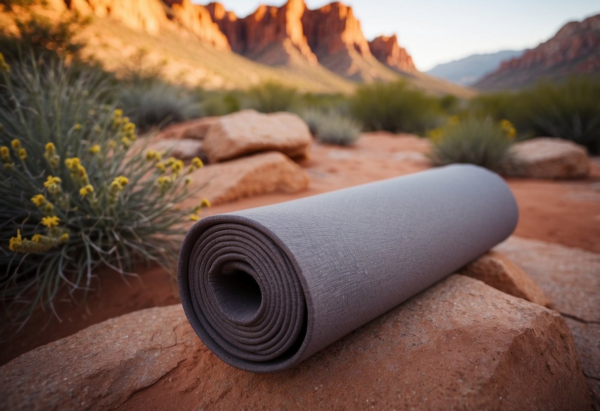 Sunset at Red Rock Canyon, Nevada. Yoga mats spread on the red earth, surrounded by towering rock formations and desert flora. A serene and peaceful outdoor yoga spot