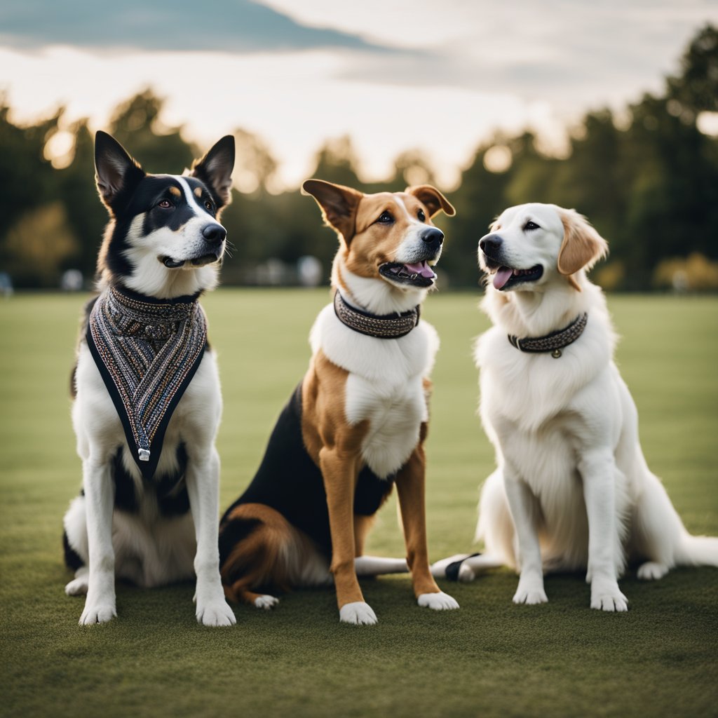 A group of dogs socializing at a local park, each wearing a unique brand collar or bandana. The dogs and their owners are engaged in conversation, forming a strong sense of community