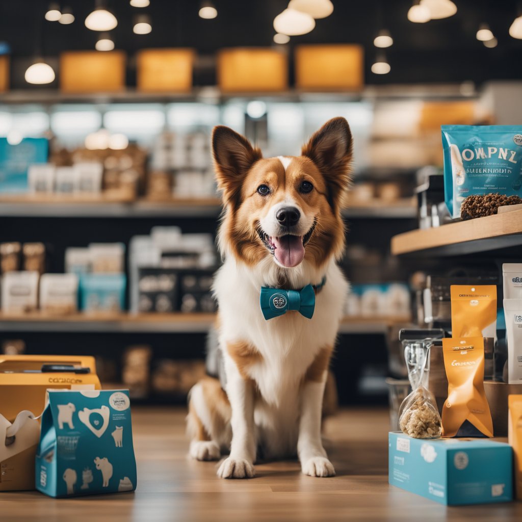 A happy dog with a wagging tail, surrounded by branded products and engaging with a loyal customer