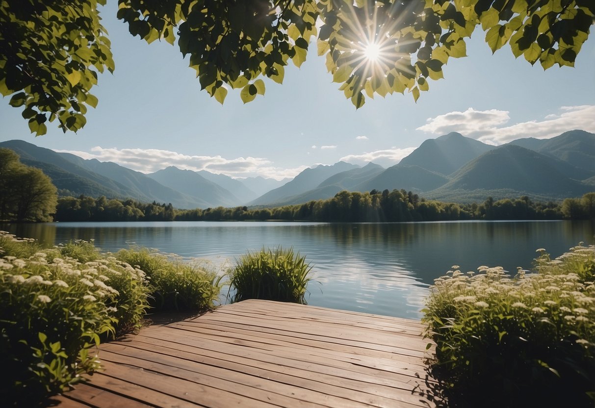 Lush greenery surrounds a tranquil lake, with a wooden deck for yoga practice. Mountains loom in the distance, and a gentle breeze rustles the leaves