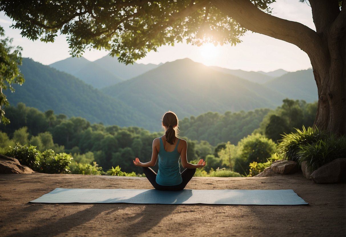 A serene outdoor setting with a scenic backdrop, lush greenery, and a clear, open space for yoga practice. The area is free from any potential hazards, with a peaceful and calming ambiance