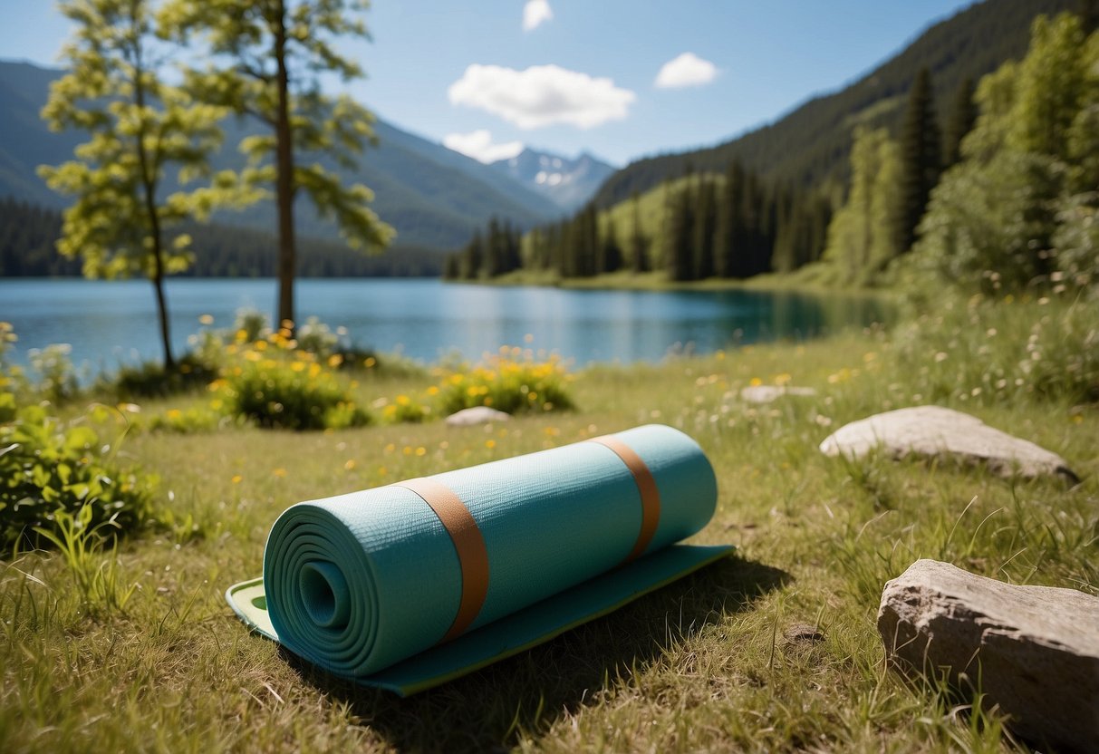 Lush green mountains with winding trails, a serene lake, yoga mats laid out on a grassy clearing, a colorful array of yoga props, a clear blue sky, a gentle breeze, and the sound of birds chirping