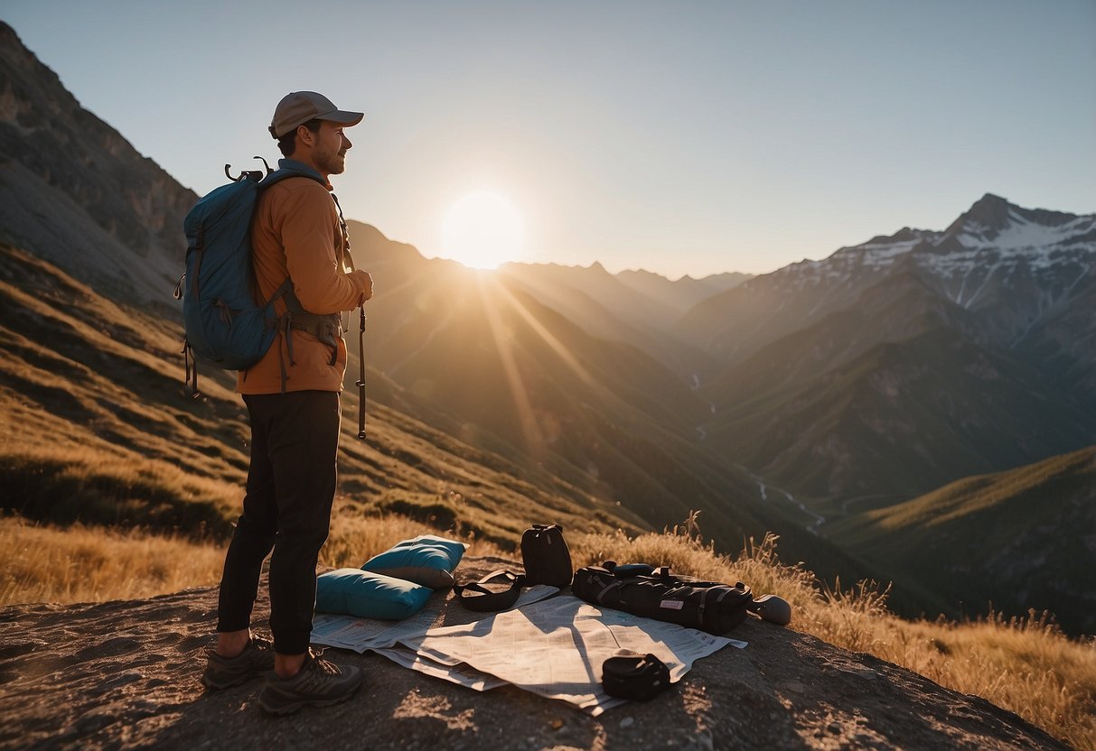 A hiker stands at a trailhead, surrounded by maps and gear. The sun sets behind distant mountains as they prepare for a long-distance outdoor yoga trip