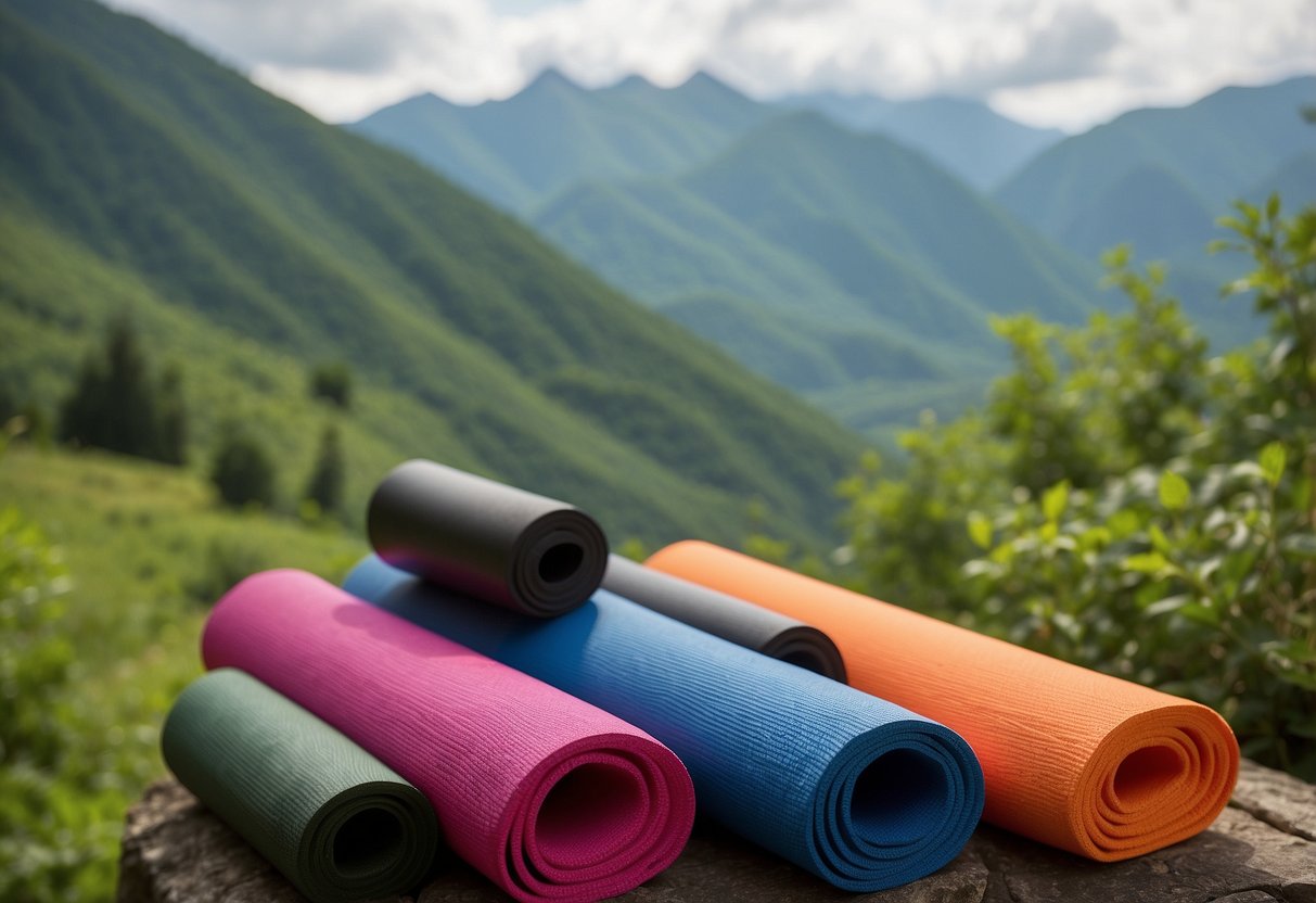 Brightly colored yoga mats stacked against a backdrop of scenic mountains and lush greenery, with a small backpack and water bottle nearby