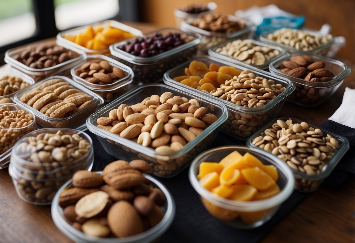 A table with a variety of non-perishable snacks, such as nuts, dried fruits, and energy bars, neatly arranged in small containers and ready to be packed for a long-distance outdoor yoga trip