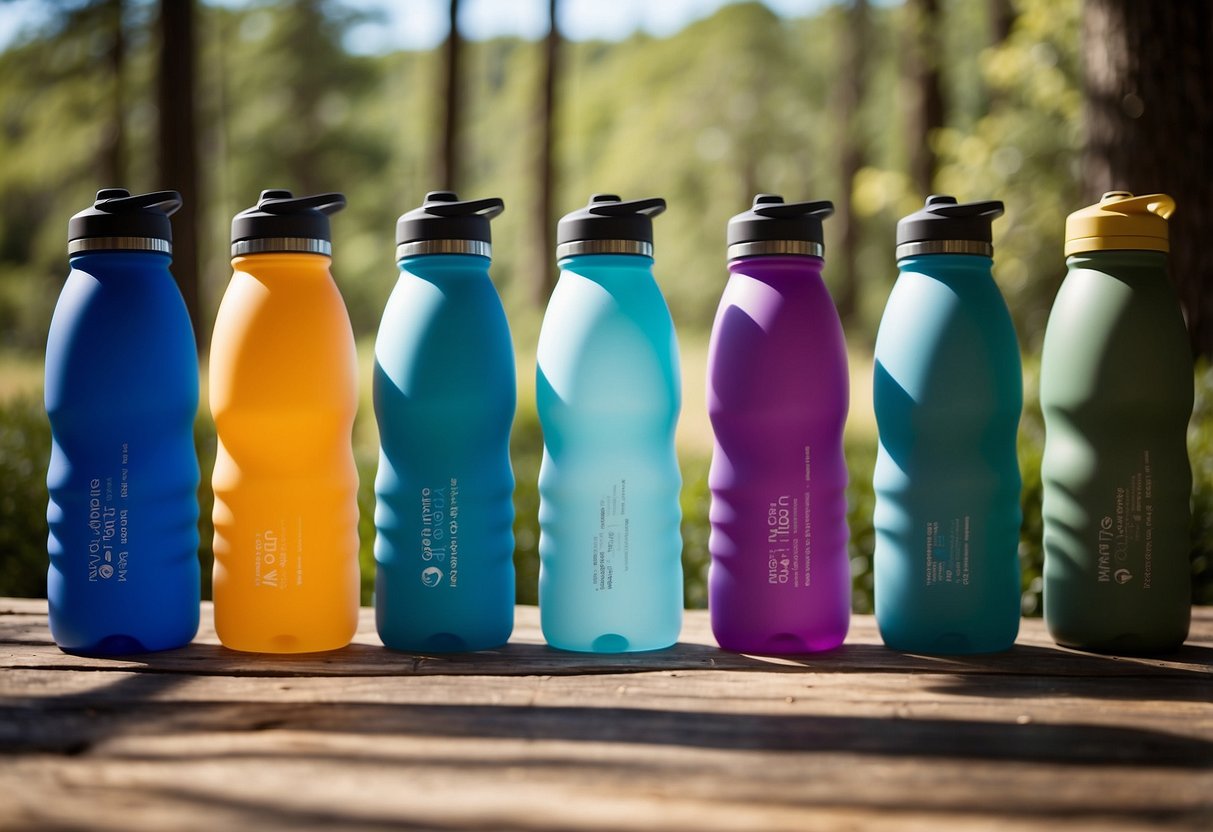 A group of reusable water bottles arranged on a table, surrounded by yoga mats, sunscreen, and hiking boots. The sun is shining, and a serene outdoor setting is visible in the background