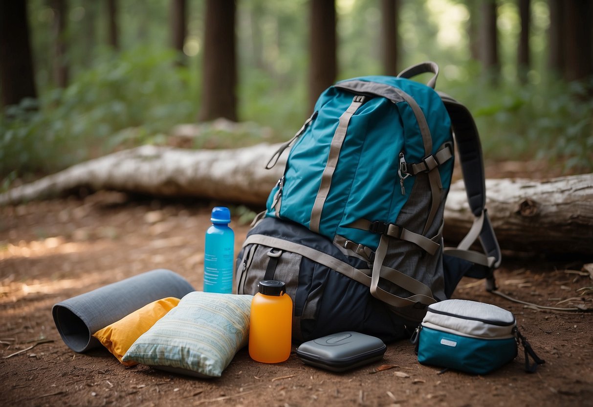 A backpack open on the ground, filled with a yoga mat, water bottle, sunscreen, snacks, and a map. Nearby, a tent and sleeping bag are laid out