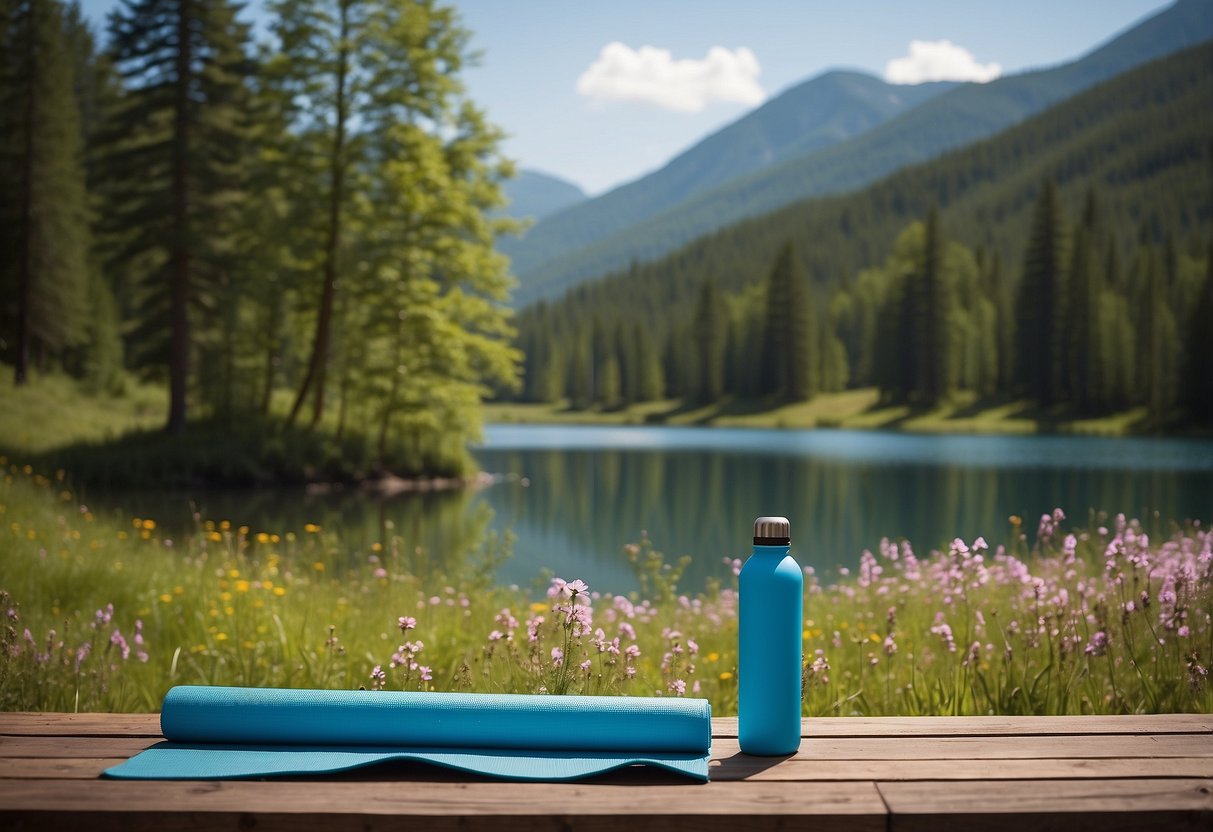 A serene mountain landscape with a clear blue sky, rolling hills, and a peaceful lake. A yoga mat and water bottle are placed on the ground, surrounded by tall trees and blooming wildflowers