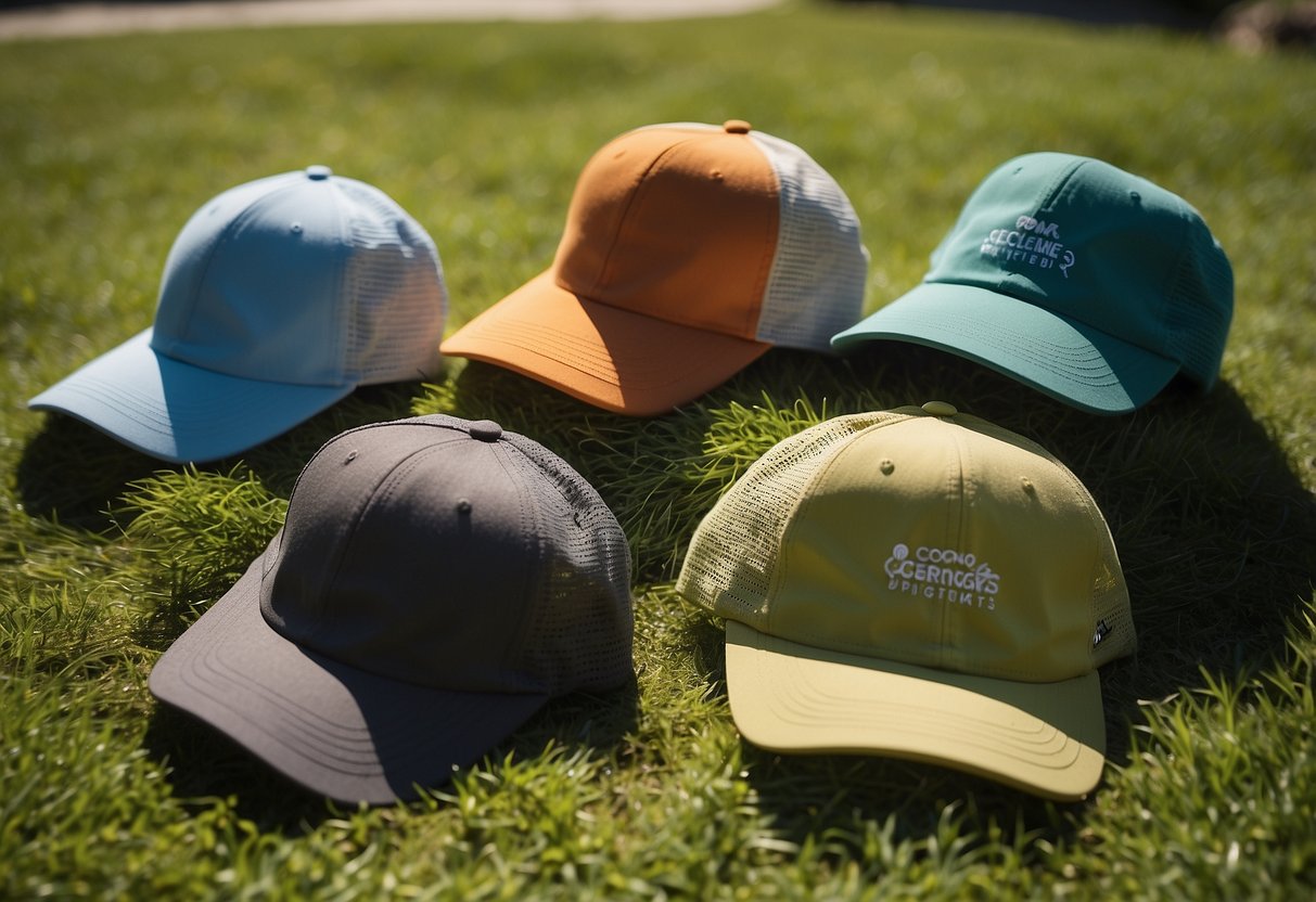 A serene outdoor setting with a clear blue sky, lush green grass, and a gentle breeze. Five colorful lightweight yoga hats are arranged in a row, casting soft shadows in the sunlight