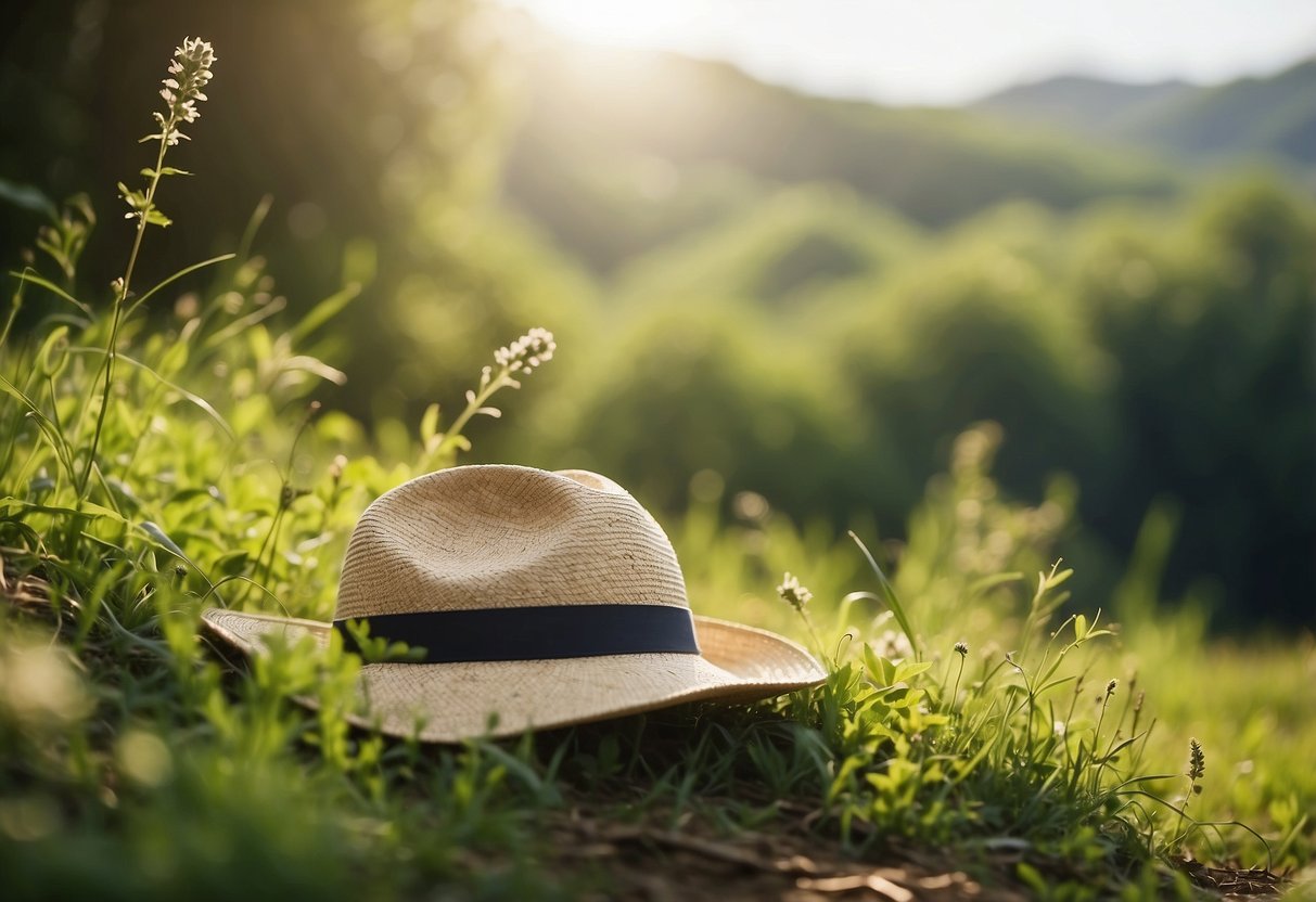 A sunny, open field with a clear blue sky. A lone hat sits on the ground, surrounded by lush greenery and a peaceful, serene atmosphere