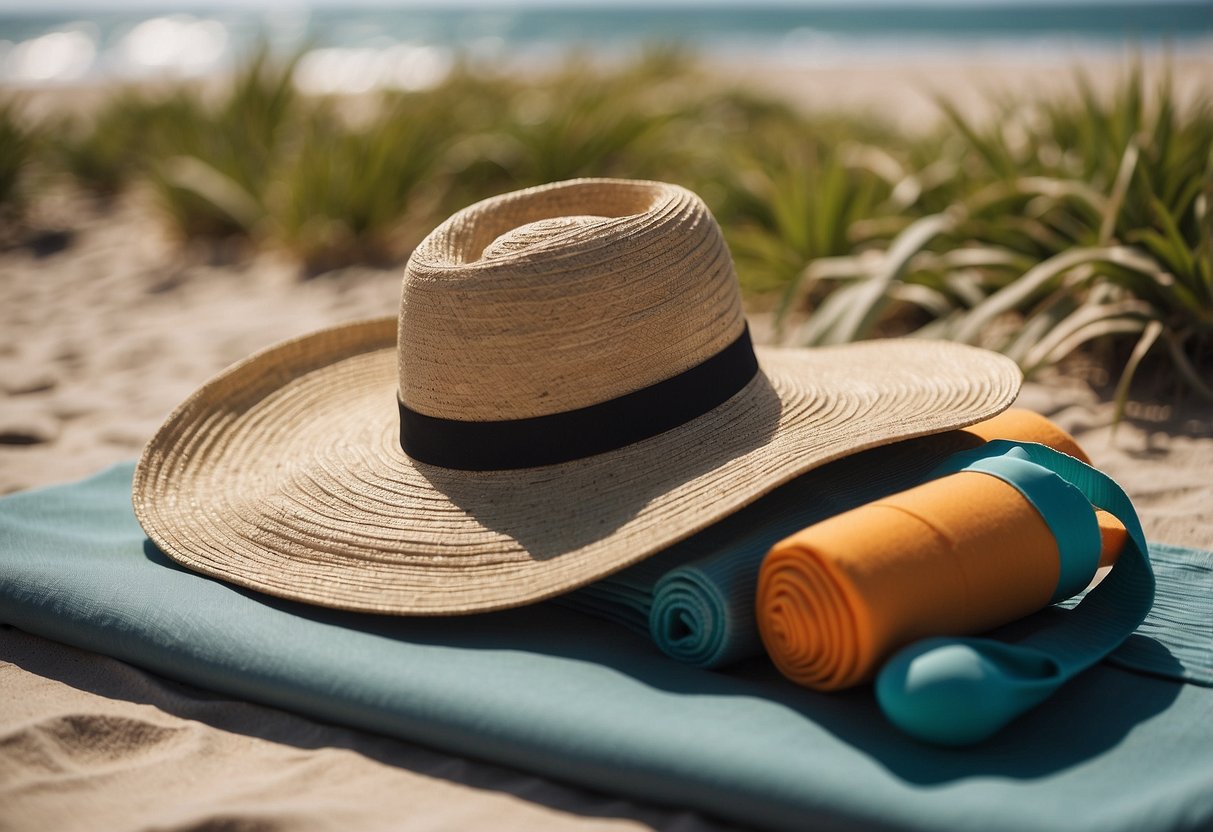 A sunny day at the beach, with a Sombriolet Sun Hat resting on a yoga mat, surrounded by lightweight outdoor yoga gear