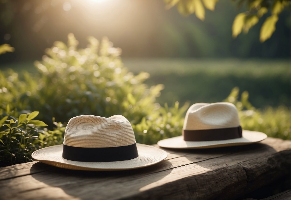 A serene outdoor yoga setting with lightweight hats, surrounded by nature and sunshine