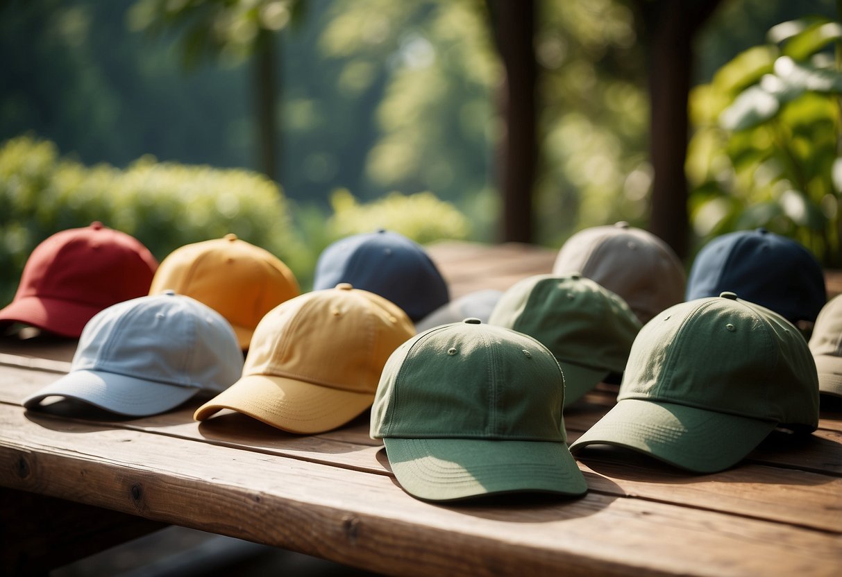 A sunny outdoor yoga scene with a selection of lightweight hats displayed on a table, surrounded by lush greenery and serene nature