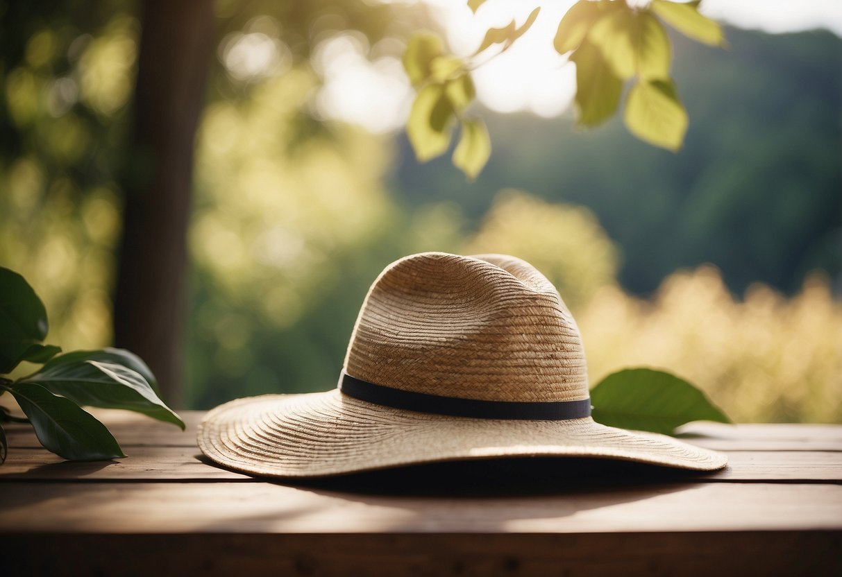 A sunlit outdoor setting with yoga hats laid out on a clean surface. A gentle breeze rustles nearby foliage, suggesting a peaceful, natural environment for yoga hat maintenance