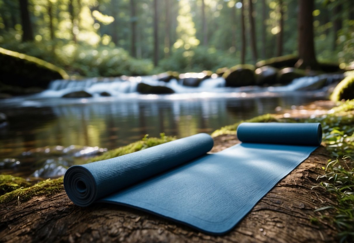 A serene forest clearing with a flowing stream, surrounded by lush greenery and a clear blue sky. A yoga mat is placed on the ground, with various water purification methods such as boiling, filtration, and chemical treatment displayed nearby