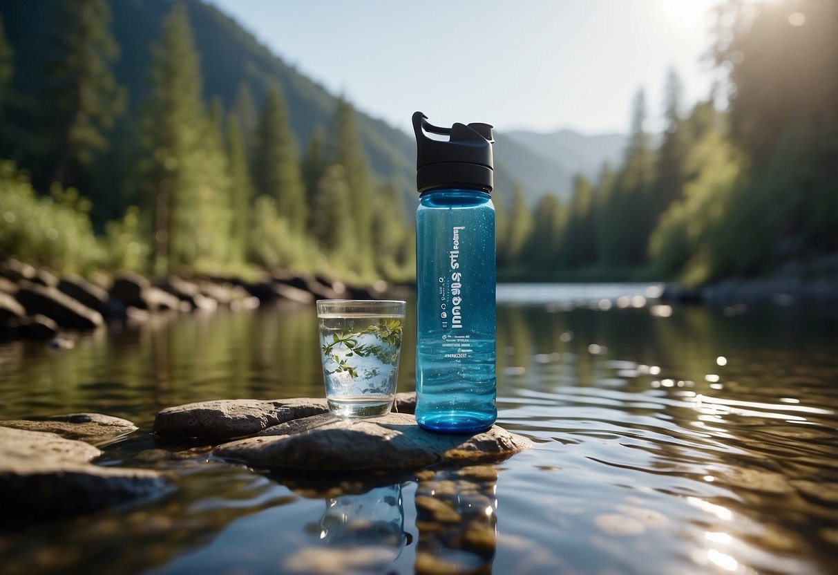 A serene outdoor yoga session with a Lifestraw filter purifying water from a stream, surrounded by nature and tranquility