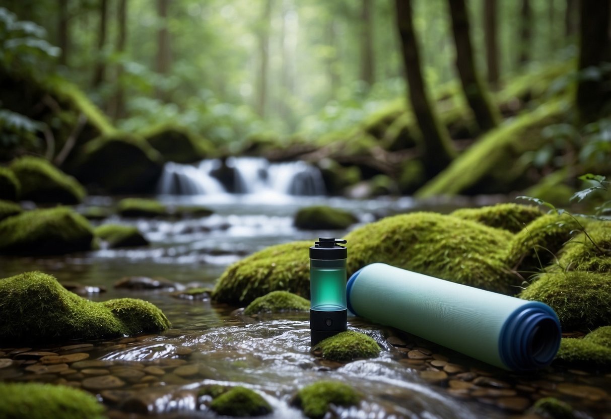 A clear stream flows through a lush forest, with a Katadyn Hiker Pro water filter in the foreground. A yoga mat is placed nearby, surrounded by nature