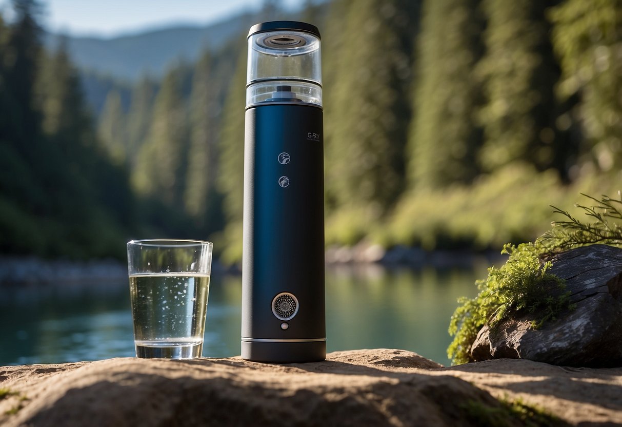 The Grayl GeoPress Water Purifier is shown in use during outdoor yoga, with various natural elements such as a flowing stream, lush greenery, and clear blue skies surrounding the scene