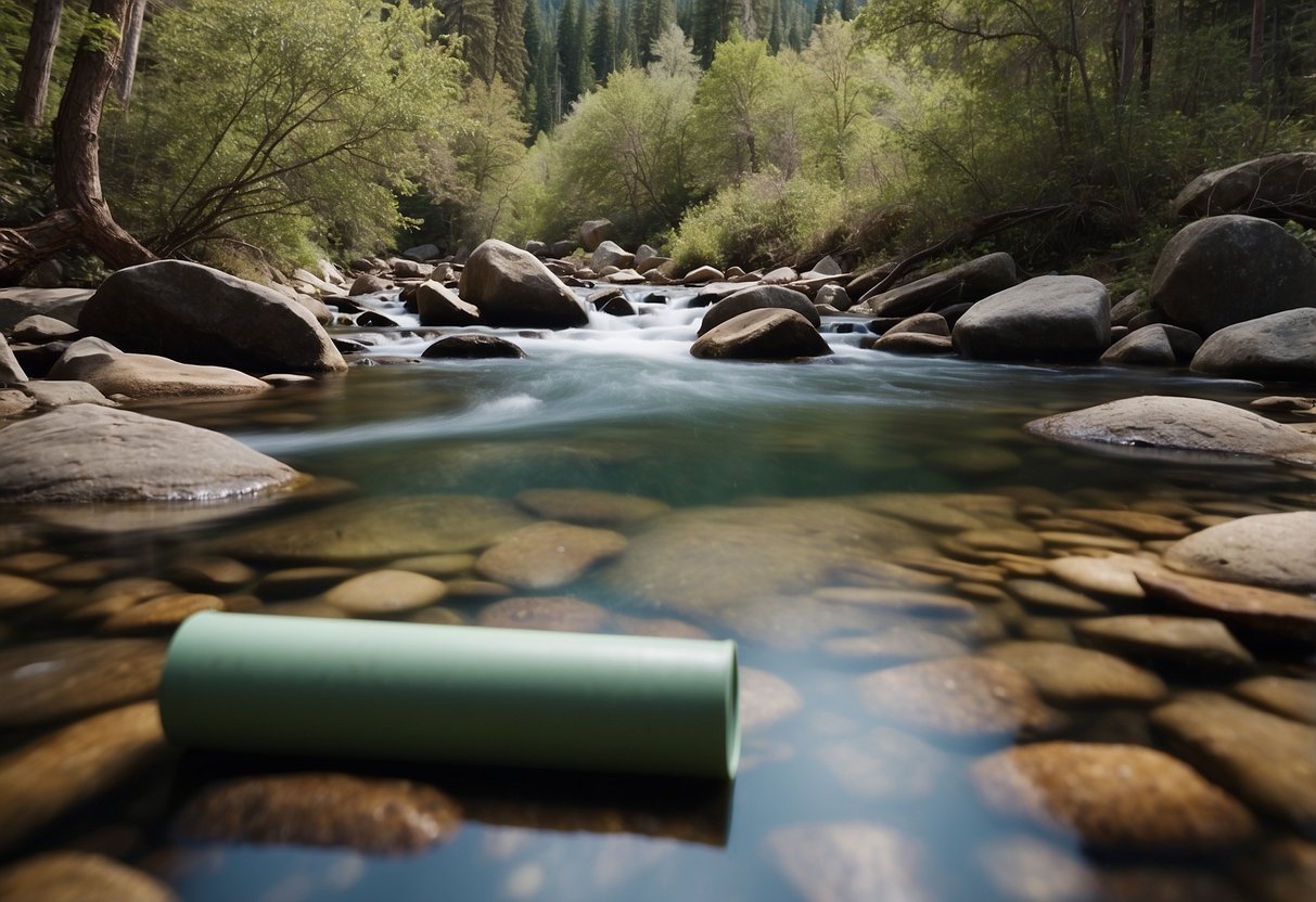 A serene mountain stream flows past a yoga mat with a Survivor Filter Pro purifying water for a peaceful outdoor yoga session