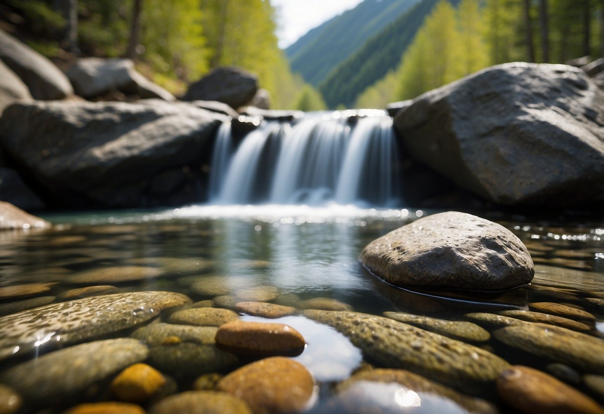 A clear mountain stream flows over smooth rocks, with a Steripen Ultra UV Water Purifier nearby. Yoga mats are spread out on the ground, surrounded by trees and mountains in the distance