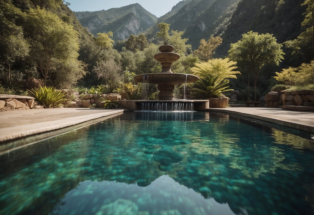 Clean water flows from a mountain spring into a clear, shallow pool. A yoga mat is laid out beside the pool, surrounded by lush greenery. A variety of water purification methods are set up nearby, including a UV purifier, a filter,