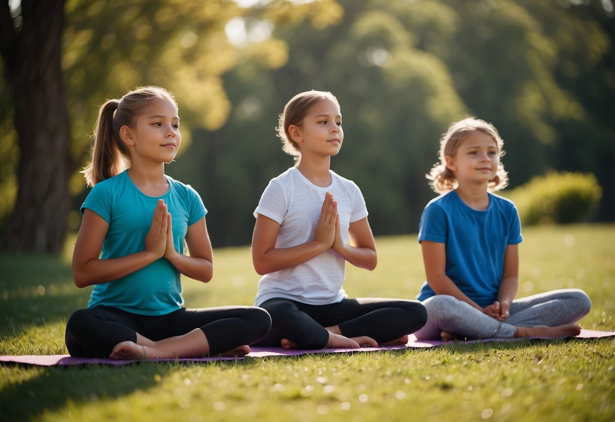 Children and adults practice yoga outdoors in a serene natural setting, surrounded by trees, grass, and a clear blue sky. The children are engaged in various yoga poses, while the adults guide and support them