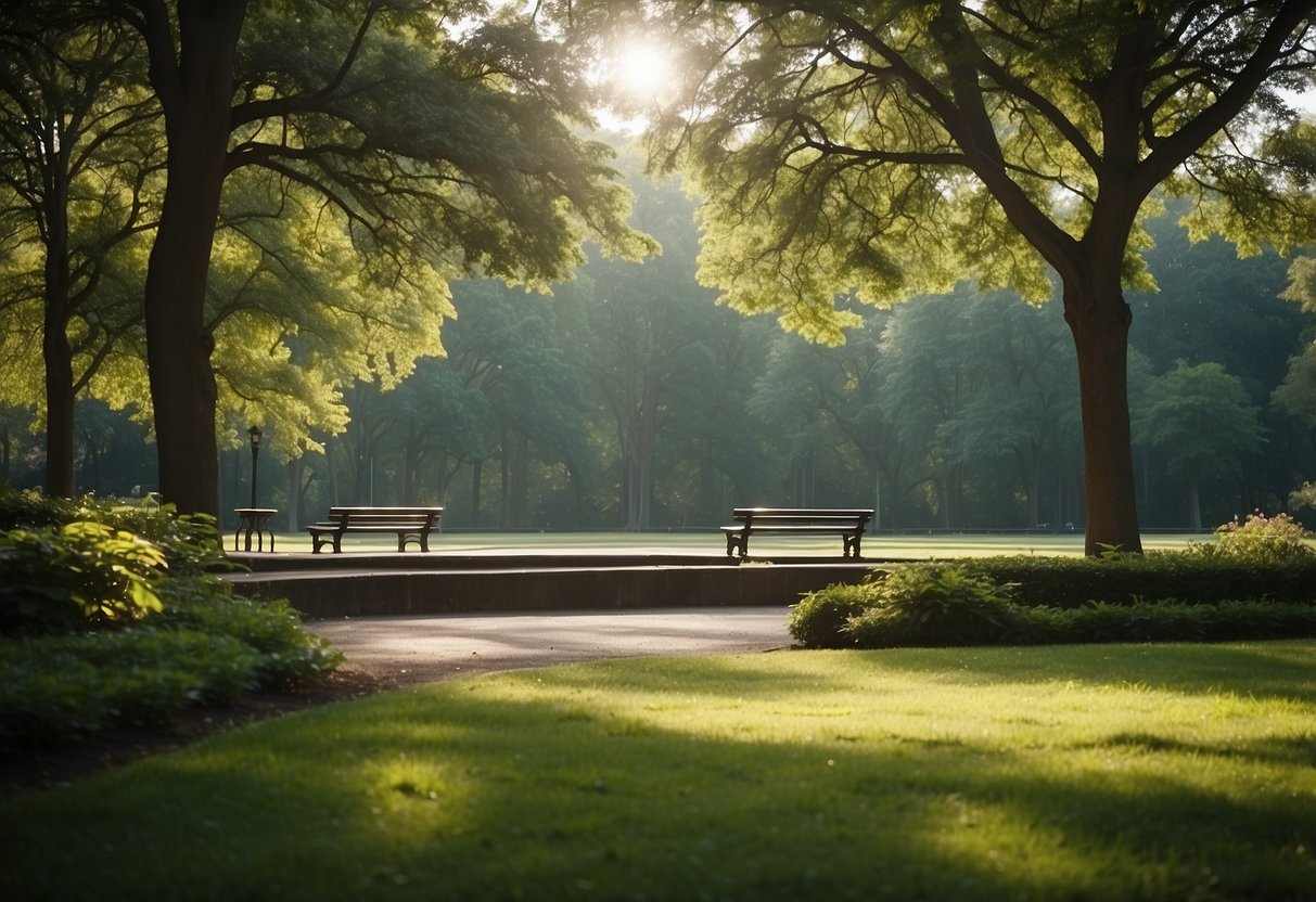 A serene park with lush greenery, a clear open space, and a tranquil atmosphere