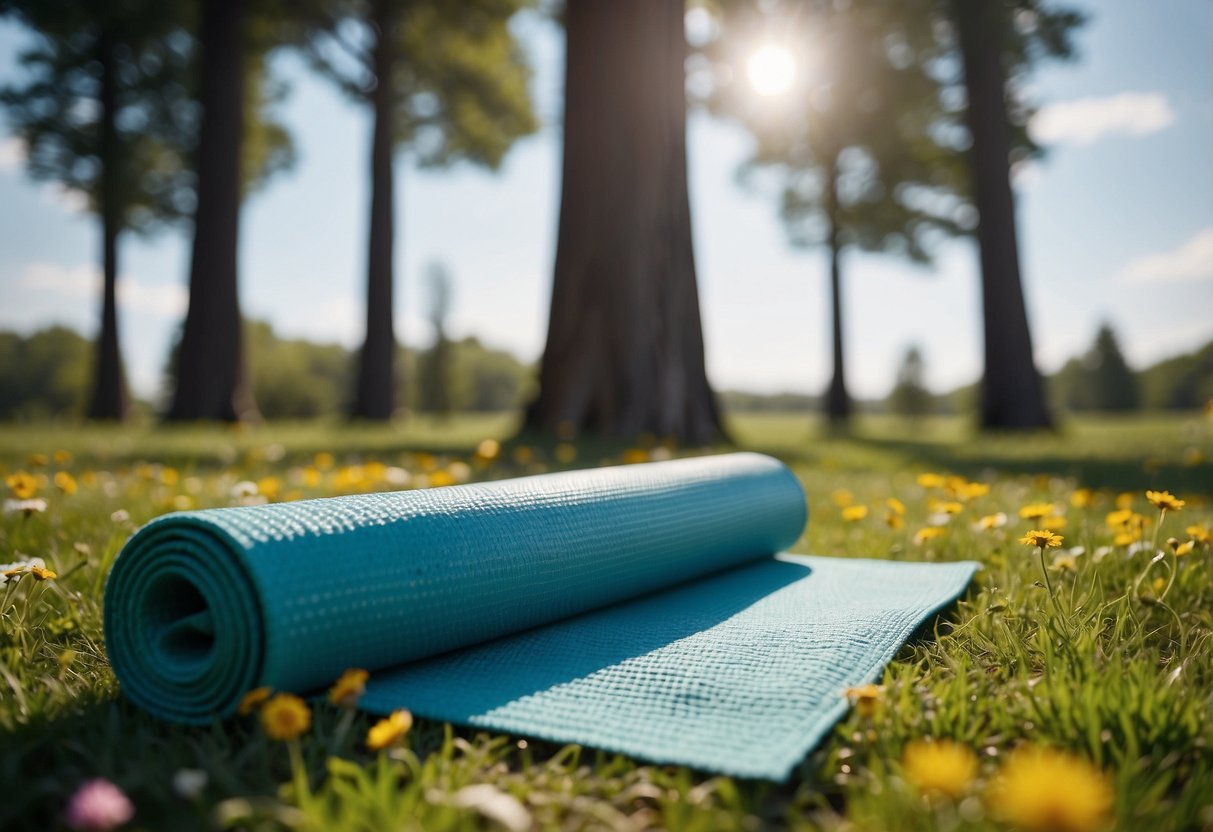 Colorful yoga mats spread on green grass under a bright blue sky, surrounded by trees and flowers