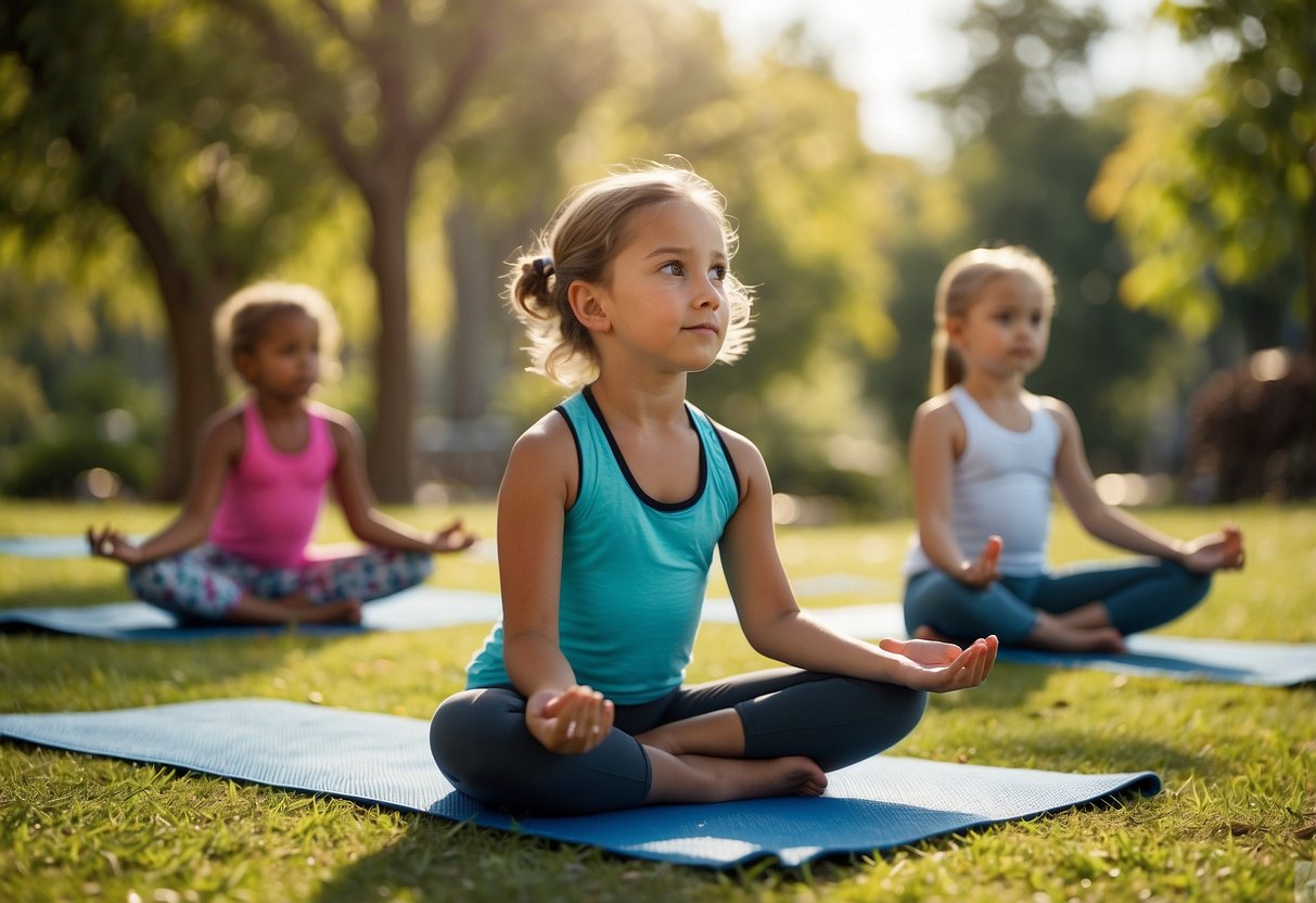 Children practice outdoor yoga with positive reinforcement. A sunny park setting with colorful yoga mats, trees, and birds