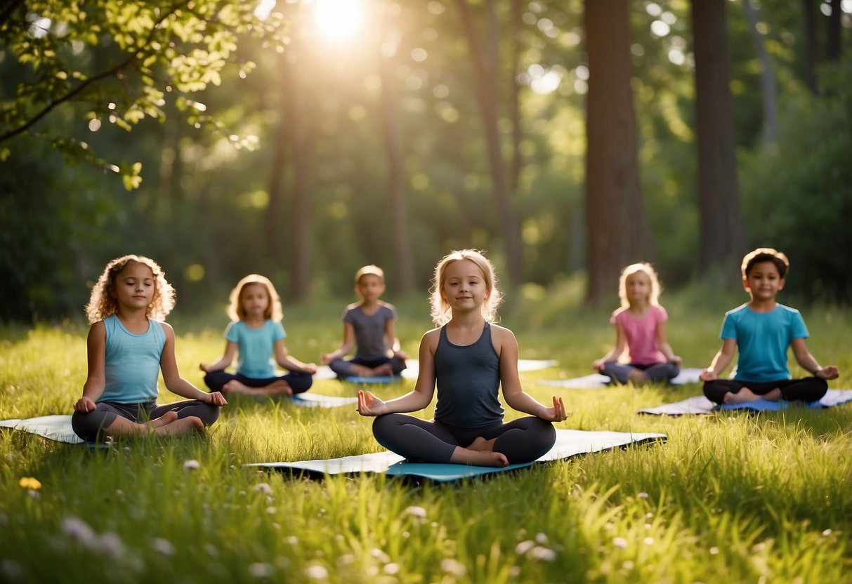 Children practicing yoga in a lush, green meadow surrounded by tall trees and colorful wildflowers. The sun is shining, and birds are chirping as the kids perform various yoga poses in the natural setting