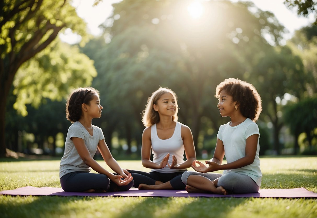 A family of four practices yoga in a peaceful park setting, surrounded by lush greenery and gentle sunlight. The children enthusiastically participate in the outdoor yoga session, while the parents guide them through the poses