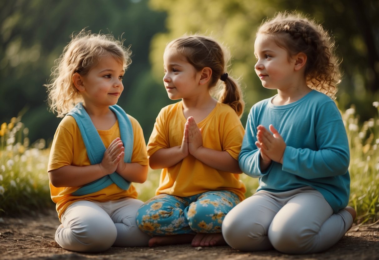 Children in colorful, loose-fitting clothes practice yoga in a peaceful outdoor setting, surrounded by nature and sunshine