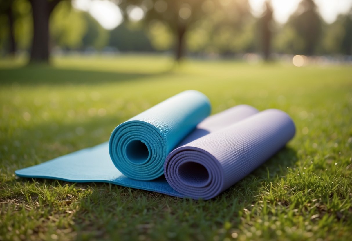 A serene park with a clear, open space surrounded by trees and a gentle breeze. A colorful yoga mat is laid out on the grass, with a child's toy nearby