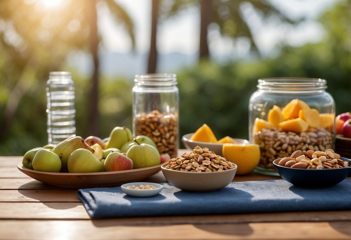 A serene outdoor setting with a yoga mat, surrounded by lightweight food options such as fruits, nuts, granola bars, and water bottles